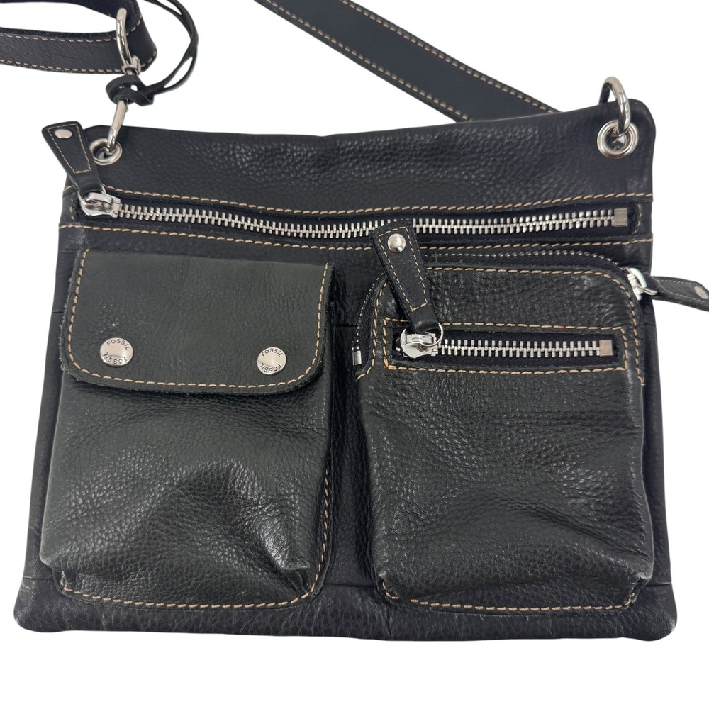 Vintage Fossil Black Pebbled Leather Multi Pocket Organizer Crossbody Bag - Picture 2 of 9